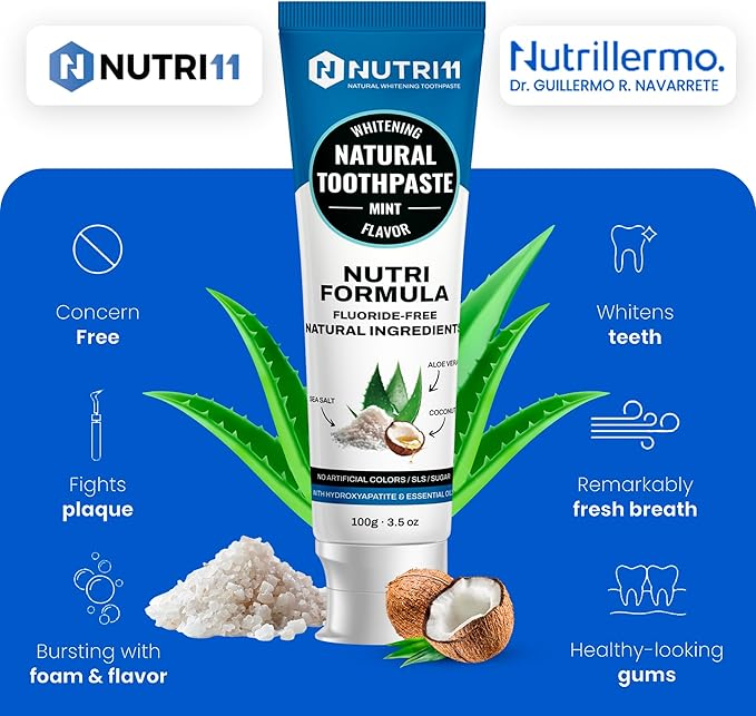 Nutri 11 Natural Whitening Toothpaste | Fluoride-Free & SLS-Free | Enamel Remineralization with Hydroxyapatite & Baking Soda | Sensitive Teeth Safe | Fresh Mint Flavor | 100g