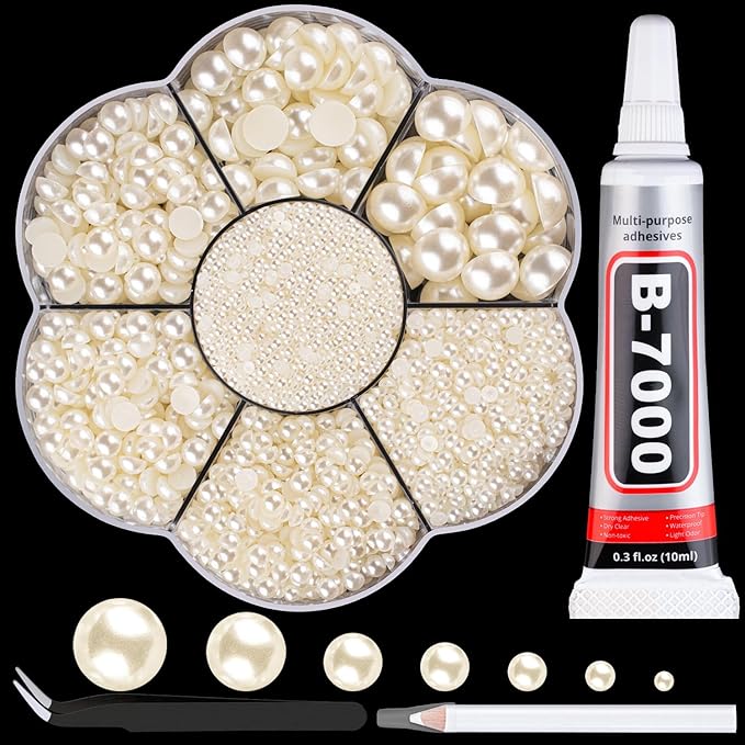 Nail Art Flat Back Half Round Pearl Kits, Mixed Sizes 6000 Pcs with B7000 Jewelry Glue Beige Small Pearls for Nails with Picking Tools for Graduation Cap Decorations Home DIY Body Face Craft Use