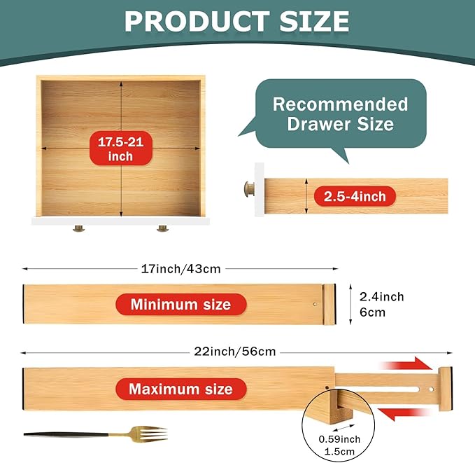 Lzerking Drawer Divider 4 Pack, Kitchen Bamboo Drawer Organizers, 17-22" Adjustable Wood Dividers for Clothes, Spring Loaded, Works in Kitchen, Dresser, Bathroom and Bedroom