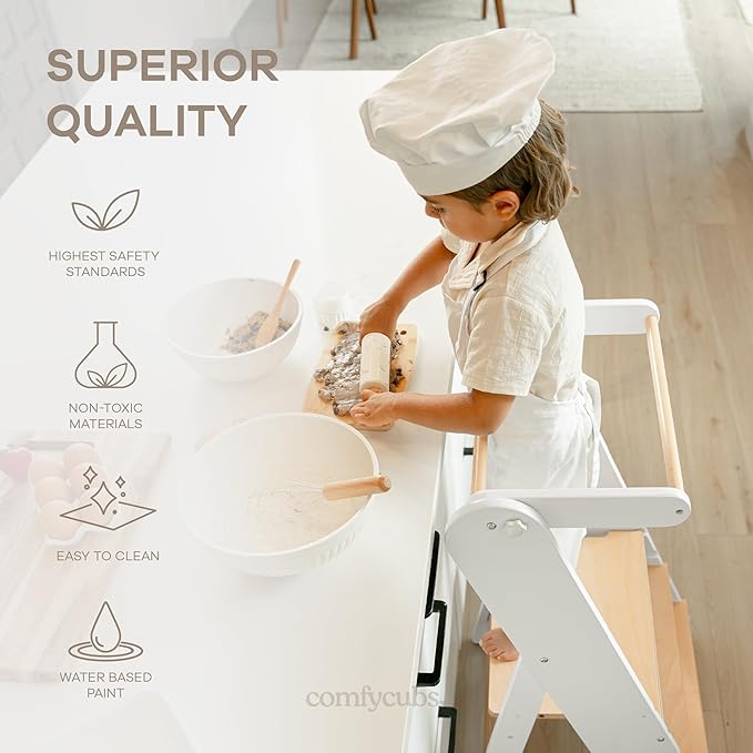 Comfy Cubs Kids Step Stool for Ages 3+, 3 Height Adjustable Toddler Tower, Montessori Furniture Designed in The US - Toddler Standing Tower for Kitchen Sink & Bathroom Access - White