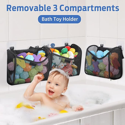 Bath Toy Storage, Goowin Bath Toy Holder, 3 Compartment Large Openings Bath Toy Organizer, Large Capacity Bath Tub Toy Holder, Kids Bathtub Toy Storage For Accessing & Sorting Toys (Black, Upgrade)