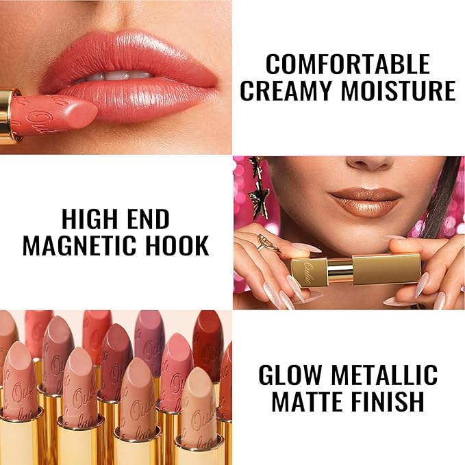 Oulac Matte Plummy Red Lipstick with Glow Metallic Finish - Vegan Lipstick for Women, Creamy Texture, Hydrating Clean Beauty Formula, High-End Magnetic Hook Design, GM13 Daring