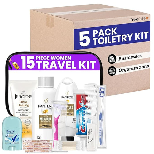 Trektote Bulk Hygiene Kit For Women – (5 Pack) 15 Piece Set – Featuring Top Trusted Brands, TSA Compliant, Bulk Travel Essentials, Includes Shampoo And Conditioner, Body Wash, Toiletry Bag & More
