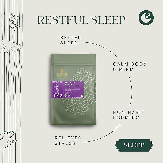 Luxmi Estates Valerian Dream Organic Valerian Root Tea (50 Tea Bags) Caffeine Free Tea For Sleep, Relaxing, Calming, and Stress Relief