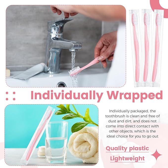 Tessco 1000 Pcs Disposable Toothbrushes Bulk Individually Wrapped Manual Soft Bristle Travel Toothbrushes Single Use Toothbrush for Homeless Hotel Toiletries Camping Office(Pink)