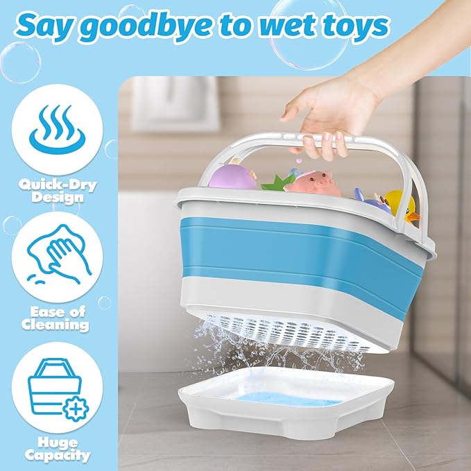 Anivia Foldable-Bath-Toy-Storage-Organizer, Bath Toy Holder with Removable Base, Quick-Drain-Drying Bathtub Toy Storage, Basket Bathroom Shower Toys Holder for Kids (Blue)