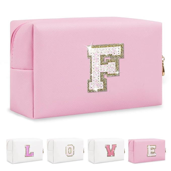 Small Personalized Initial A-Z Patch Makeup Bag,Pink Cute PU Leather Glitter Letter Cosmetic Bag for Teen Girls,Travel Toiletry Bag with Zipper,Preppy Monogrammed Birthday Gift for Daughter Niece F