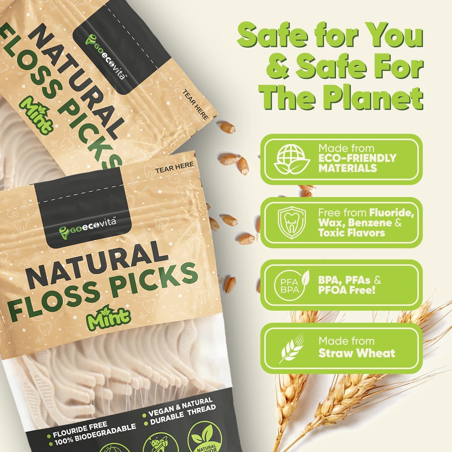 Biodegradable Floss Picks - Natural Straw Wheat Handle | Thin & Durable Thread for Tight Gaps! | Dental Flossers for Adults | Gentle on Gums & Teeth | Eco Friendly, Vegan, Natural (200 Pack, Mint)