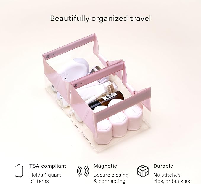 Cadence Parcel - Clear Kit with Magnetic Closure - Durable and Leak-Resistant Travel Toiletry Kit - TSA-Compliant & Modular Design - Hygiene Bag for Travel Essentials - 1 Qt - Rose