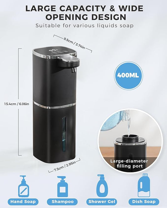 2 Pack Automatic Liquid Soap Dispenser, 12.8oz Rechargeable, Adjustable Liquid Levels, IPX5 Waterproof, Touchless & Wall/Tabletop Use for Kitchen Bathroom, Black