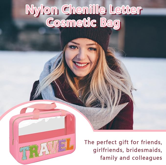 Chenille Letter Patch Travel Bag, Preppy Clear Makeup Cosmetic Bag Large Toiletry Storage Tote Bag with Handle, Transparent Nylon Waterproof Organizer Zipper Pouch for Travel Women Girls(Pink)