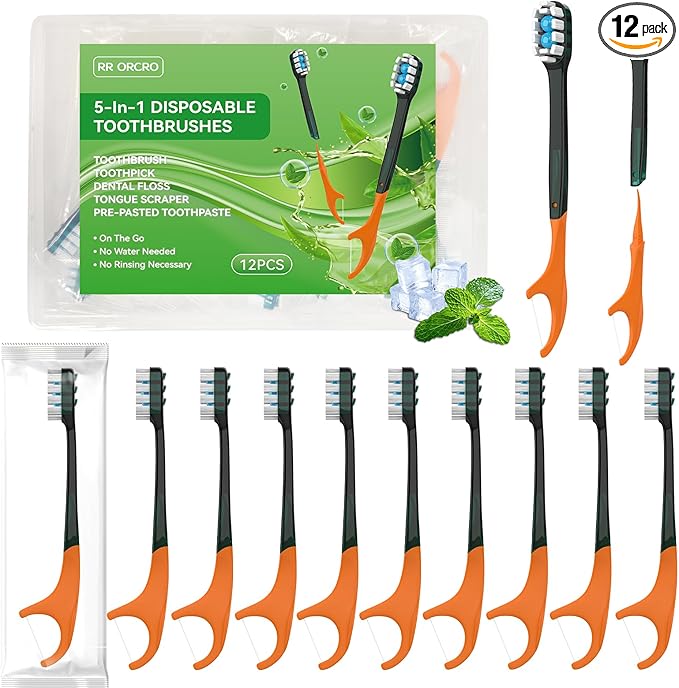 12Pack Disposable Toothbrush with Toothpaste All-in-One Oral Care Prepasted Individually Wrapped 5-in-1 Mini Toothbrush with Toothpick, Flosser, Tongue Cleaner, Perfect for Travel & On-The-Go