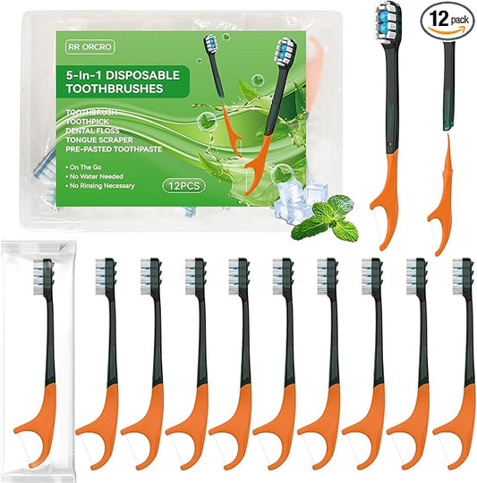 12Pack Disposable Toothbrush with Toothpaste All-in-One Oral Care Prepasted Individually Wrapped 5-in-1 Mini Toothbrush with Toothpick, Flosser, Tongue Cleaner, Perfect for Travel & On-The-Go