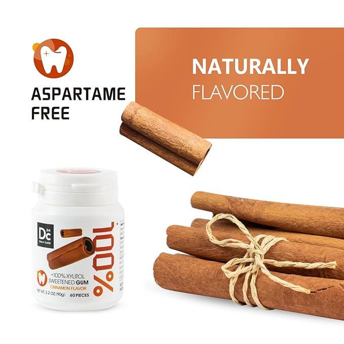 DC24 DAILY CARE 100% Xylitol Gum, No Aspartame, Sugar Free Chewing Gum, Natural Cinnamon Flavor, Gluten Free, Vegan, 60 Pieces, Pack of 1