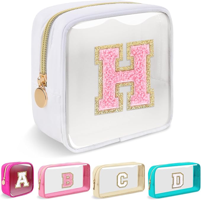 Mini Clear Personalized Initial Makeup Bag,Nylon Preppy A-Z Chenille Letter Patch Zipper Cosmetic Bag, Small Cute Beach Pouch Travel Purse Sanitary Napkin Storage Bag for Women Girls(White-Pink H)