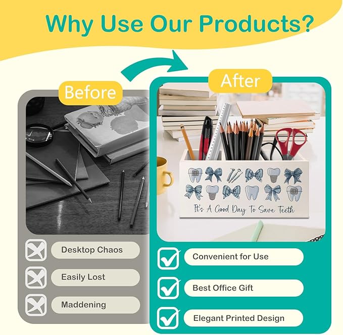 Dental Gifts Pen Pencil Holder for Desk, Dental Hygienist Gifts, Coquette Blue Bow Dentist Wooden Box Decorative Sign for Dentist Office Clinic Hospital Desk Tabletop Decor