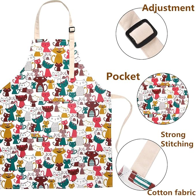 Kids Apron and Chef Hat Set, Adjustable Cotton Child Aprons with Large Pocket Cute Girls Boys Kitchen Bib Aprons for Cooking Baking Painting
