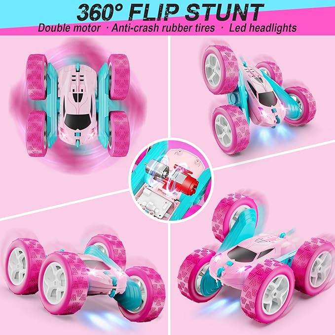 RC Cars, Pink Remote Control Car for Girls, 2.4 GHZ Double Sided RC Stunt Car 360° Rotating Remote Control Crawler with Headlights Car Toys for 6 7 8 9 10 11 12 Girls Birthday Gift Grandkids