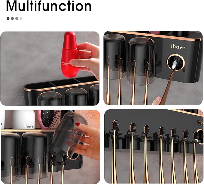 iHave Toothbrush Holders Bathroom Accessories with Toothpaste Dispenser, 4 Cups Toothbrush Holder Wall Mounted Bathroom Decor