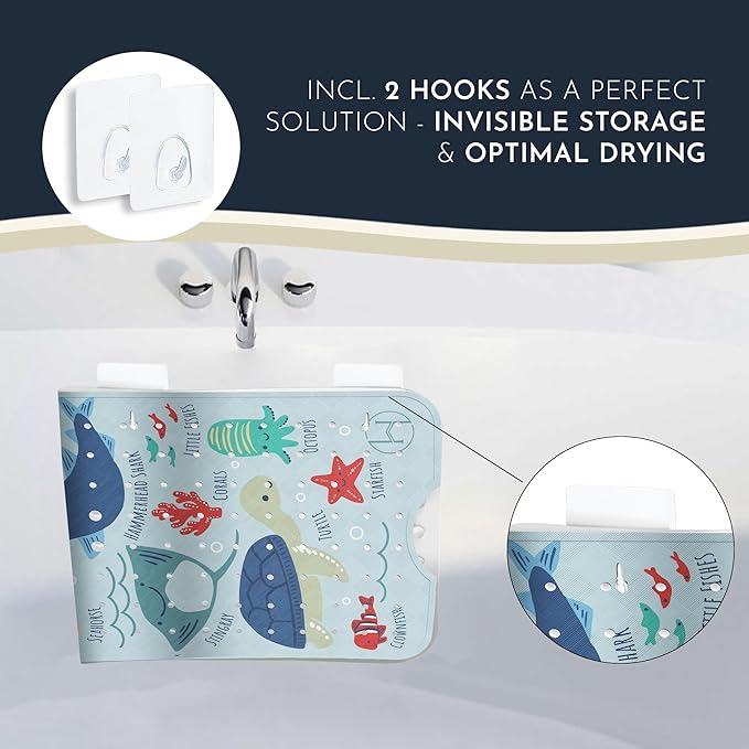 Bath Tub Mat Non Slip Anti Mold for Kids BPA Free INCL Hooks - homerella® Ocean Sea Animals 40x16, Baby Bath Mat Non Slip 200 Suction Cups, Non Toxic Machine Washable Toddler Bath Mat, EU Certified