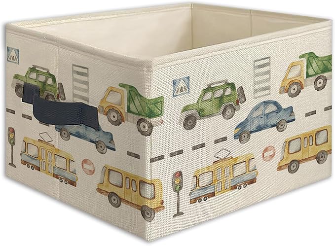 Car Boy Foldable Storage Bins Box with Handles, Transport Vehicles Collapsible Toys Books Clothes Organizer Basket for Kids Boys Toddler Bedroom Bathroom Nursery