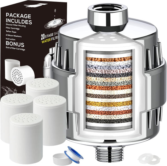 20 Stage Shower Head Filter for Hard Water, Removes Chlorine, Fluoride, Improves Skin and Hair Condition, 4 Cartridges, High Output, Wide Compatibility