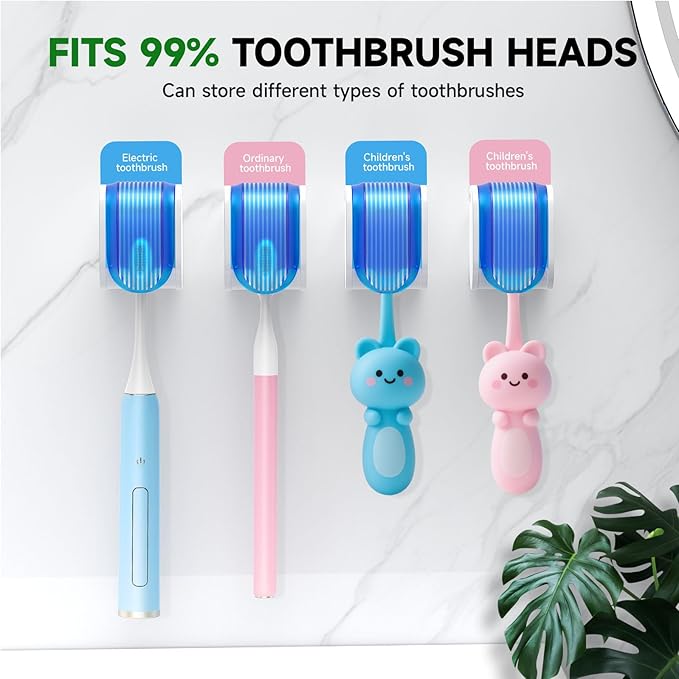4 Pcs Toothbrush Holders Wall Mounted, Single Slot Design, Shower Self Adhesive Wall Mounted Toothbrush Holder with Cover, Waterproof and Dustproof, Suitable for Bathroom, Family, Travel (Blue)