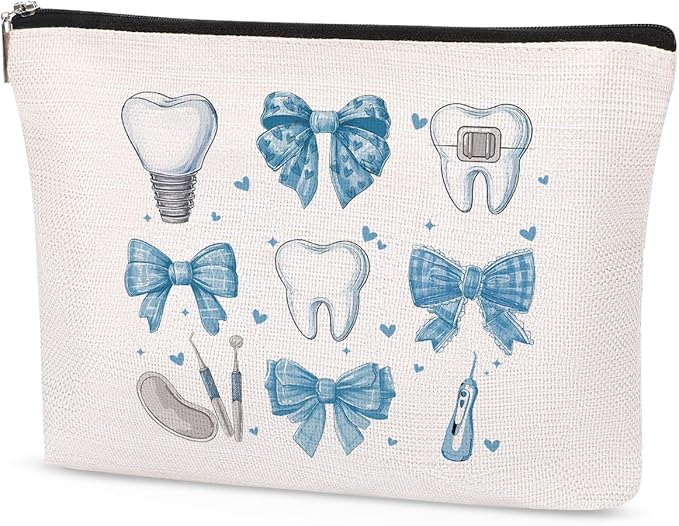 Dental Hygienist Makeup Bag, Dental Gifts for Women, Dental Assistant Cosmetic Pouch, Waterproof Linen Dental Hygiene Gifts, Dentist Appreciation Travel Organizer Bag