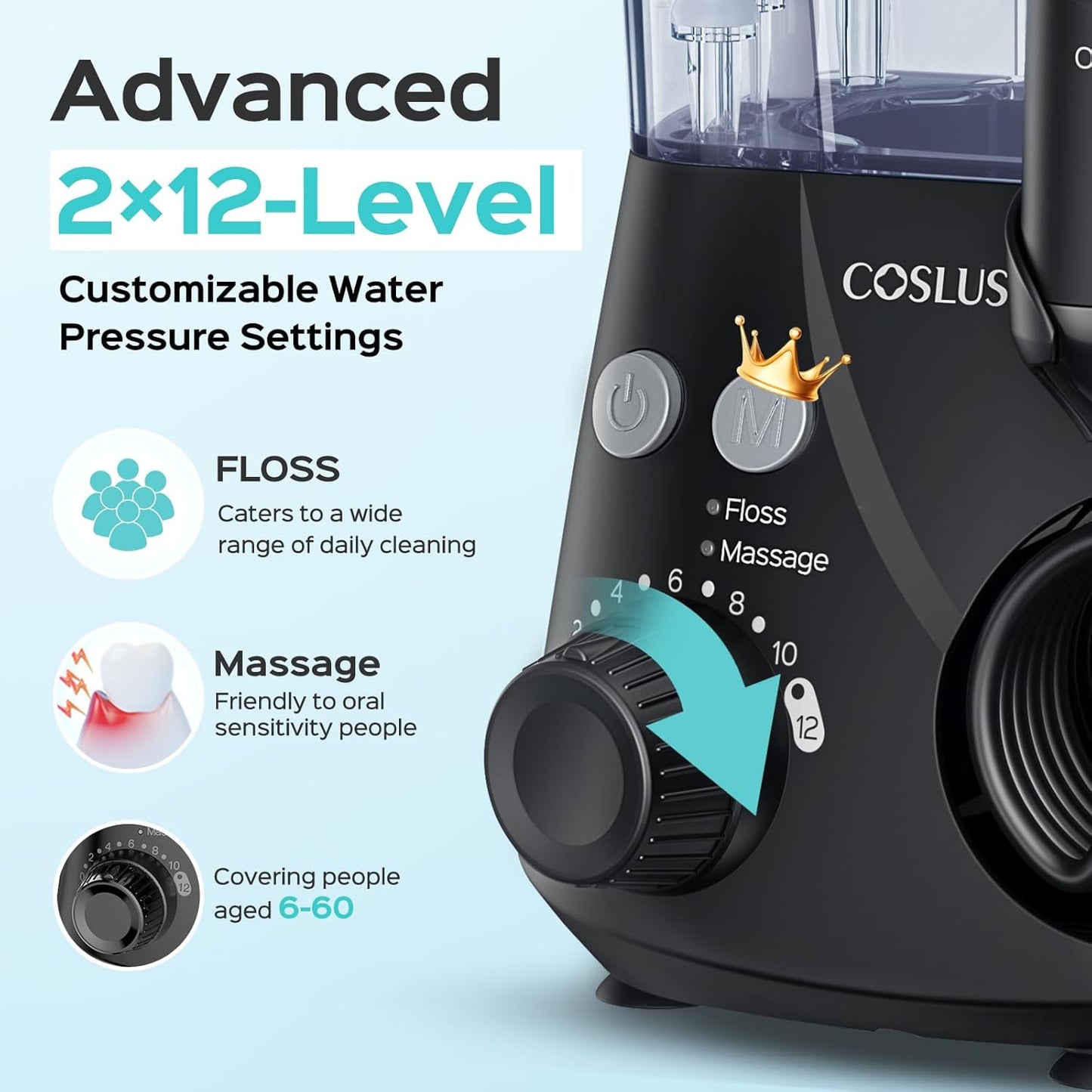 COSLUS Advanced Water Flosser for Teeth: 2 Modes & 12 Pressure Settings Electric Dental Pick for Orthodontic, Braces, Sensitive Gums - Home Use, 5 Jet Tips for Multiple Users, Family, Black, E2