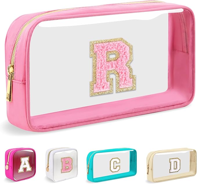 Small Clear Personalized Initial Makeup Bag,Nylon Preppy A-Z Chenille Letter Patch Cosmetic Pouch Beach Toiletry Bag,Waterproof Zipper Travel Purse Storage Bag Organizer for Women Girls(Pink-Pink R)