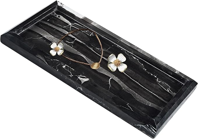 Black Marble Tray for Bathroom, Organic Natural Texture Marble Catchall Tray, Rectangular Durable Heavy Duty Jewelry Storage Platter, Marble Countertop Organizer for Dresser, Home Decor