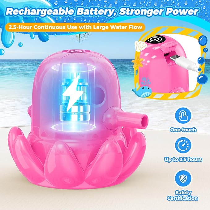 Water Table Pump - Cordless & Rechargeable Water Pump for Water Table with Magnetic Octopus Design, Quick-Install Outdoor Sand/Water Play Toys & Durable Accessories for Toddlers Kids (Pink)
