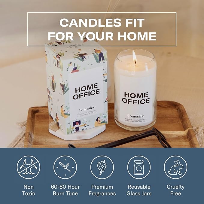 Homesick Scented Candles for Home (Home Office) - 13.75 oz Long-Lasting Natural Soy Wax Blend Jar Candle Gifts for Women & Men, 60-80 Hours Burn Time - Notes of Fresh Air, Water Lilies & Amber