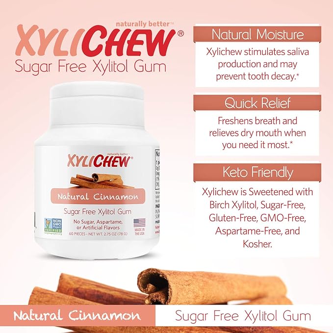 Xylichew 100% Xylitol Chewing Gum Jars - Non GMO, Gluten, Aspartame, and Sugar Free Gum - Natural Oral Care, Relieves Bad Breath and Dry Mouth - Cinnamon, 60 Count (Pack of 4)