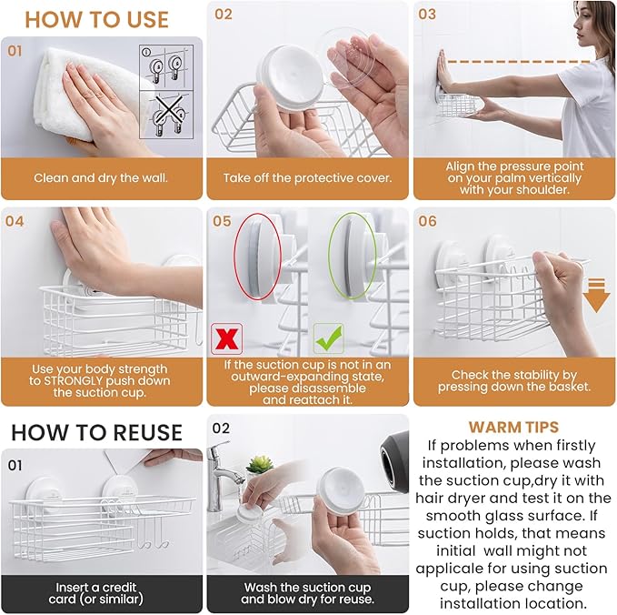 LEVERLOC Shower Caddy Suction Cup, 2 Pack Shelves for Inside with Hooks and Soap Holder, NO-Drilling Bathroom Holder, Rustproof Meatl Bathroom Organizer, White