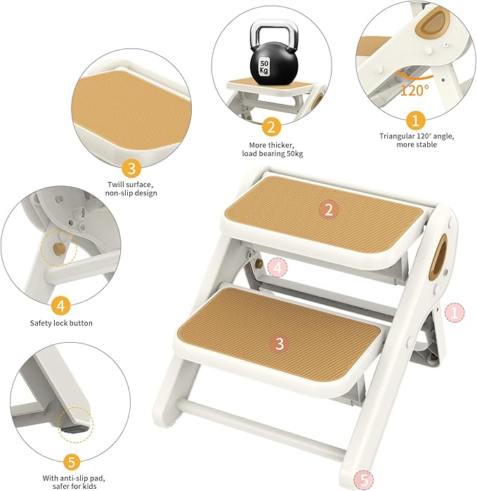 Toddler Step Stool, iNeibo 2-Step Foldable Step Stool for Kids, Widened & Thickened with Anti-Slip Design, Safer for Children Use for Kitchen, Bathroom, Toilet Training - Brown