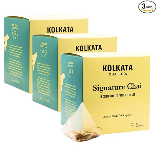 Kolkata Chai - Signature Chai Tea Bag, 45 Count, Premium Organic Assam Black Tea and Spices, Compostable Tea Bags, Vegan, All Natural