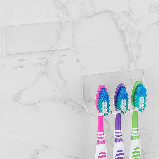 2 Pack Self Adhesive Toothbrush Holders Wall Mounted, 3 Slots Electric Toothbrush Organizer for Shower, Multipurpose Rack Hanger for Power Plug, Razor, Key(Clear)