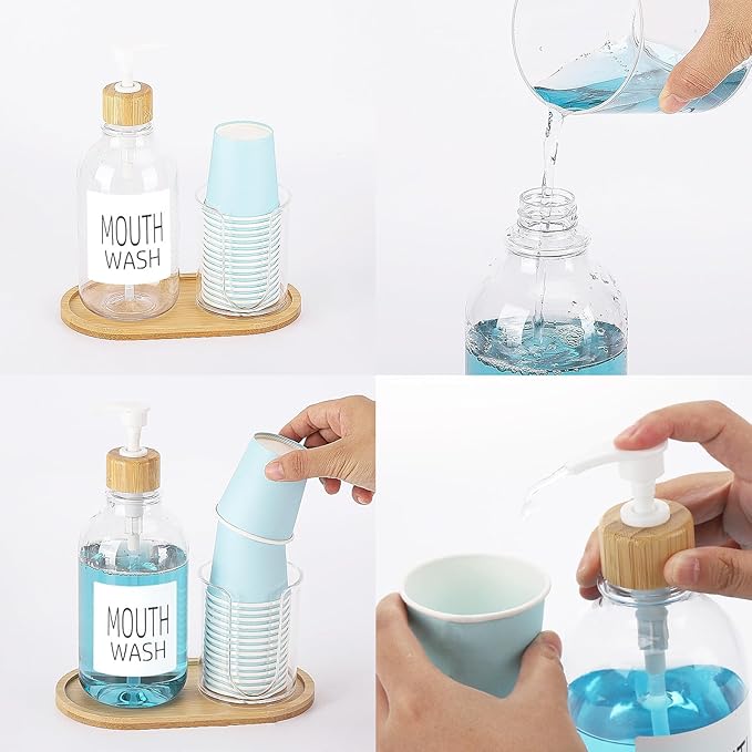 Mouthwash Dispenser with Cup Holder, Plastic Mouth Wash Pump Bottle with Tray for Bathroom Organizers, 17oz Refillable Clear Mouthwash Container - Bamboo