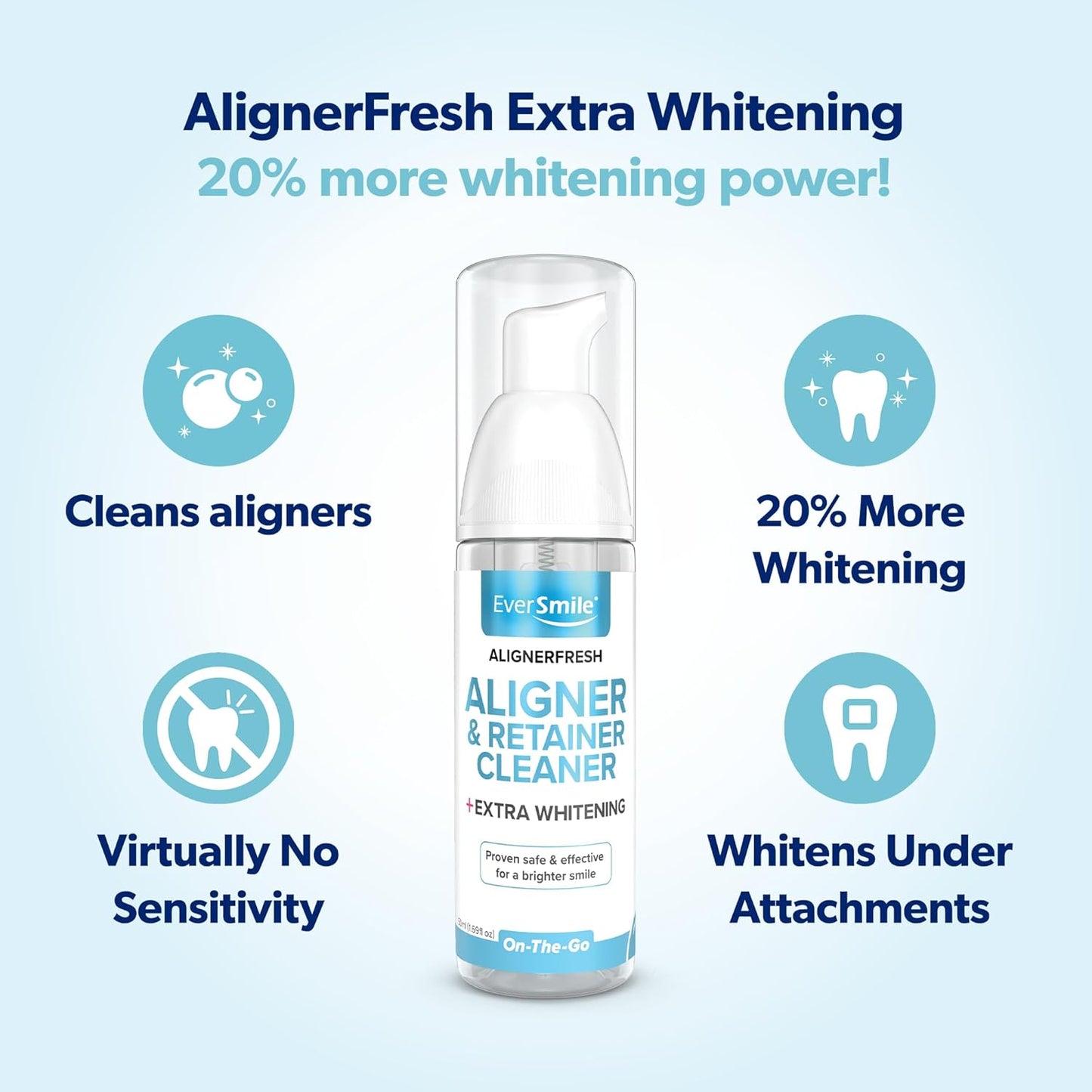 EverSmile AlignerFresh Extra Whitening Foam – Cleaner Compatible w/Invisalign and All Clear Aligners and Retainers – Eliminates Bacteria, Whitens Teeth, Fights Bad Breath – 50ml (4 Pack)