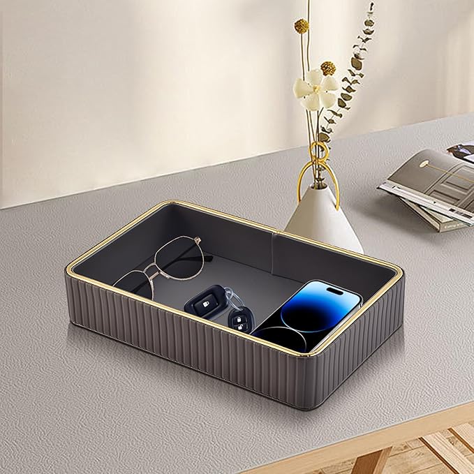 PU Leather Valet Tray,Desk Organizer Tray Nightstand Organizer Trinket Dish Storage Key Bowl Decorative Trays for Phone Wallet Jewelry Watch,Bathroom Bedroom Perfume Vanity Trays,Grey