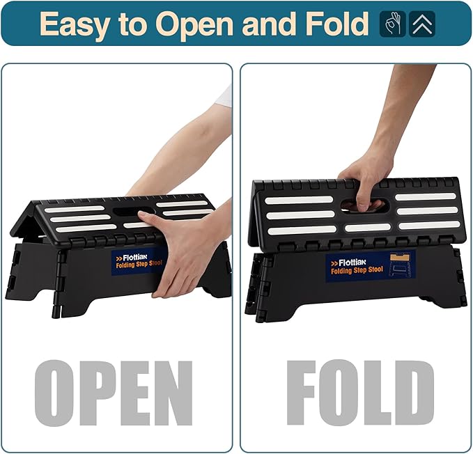 Flottian 5" Folding Step Stool for Adults and Kids 15-Inch Extra Wide Stool Holds Up to 300 lbs,Non-Slip Folding Stools with Handle,Compact Plastic Foldable Step Stool for Bathroom,Kitchen,ect Black