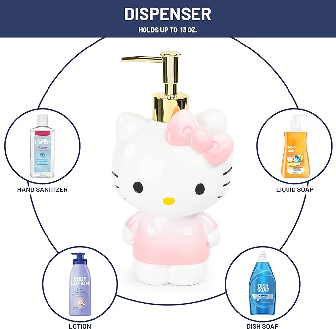 Jay Franco Hello Kitty Organizer Set - 4 Piece Pink Accessories Includes Resin Tumbler, Soap Dispenser, Soap Dish and Toothbrush Holder - Bathroom Décor