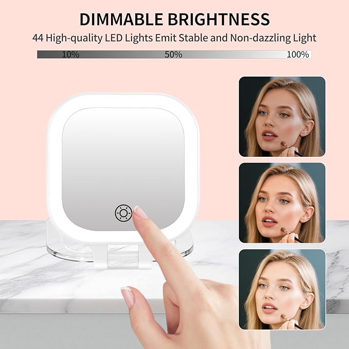 FUNTOUCH Travel Makeup Mirror with Light, 1X/30X Magnifying Mirror with 3 Light Settings & Adjustable Brightness,Rechargeable Folding Compact Double Sides Mirrorwith PU Bag, White
