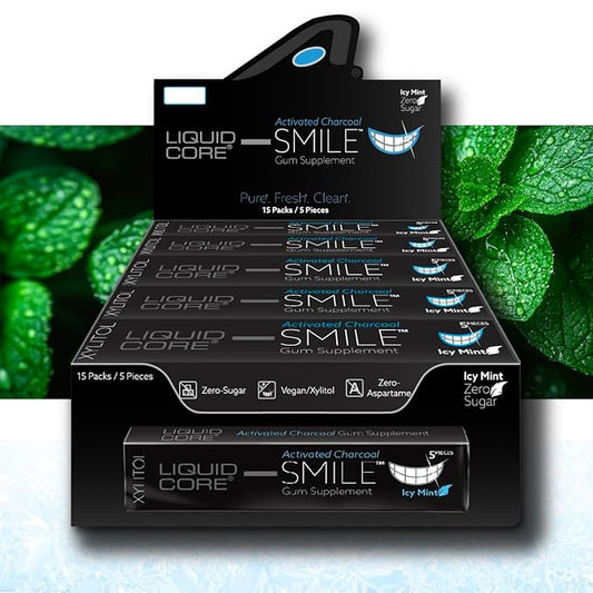 Liquid Core Smile Activated Charcoal Gum with MCT Oil, Hydroxyapatite, and Xylitol – Teeth Cleaning Gum, Icy Mint Sugar-Free Gum (15 Pack)
