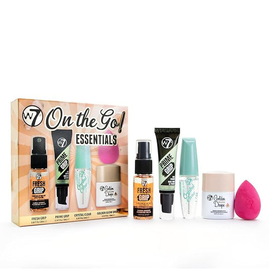 W7 On the Go Essentials Gift Set - Mini Makeup Must-Haves with Primer, Setting Spray, Mascara, Golden Glow Bronzing Drops & Beauty Sponge - Travel or Handbag Size Essentials