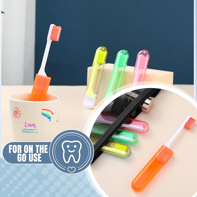 Patelai 4 Pieces Travel Toothbrush Set, Soft Bristle Mini Foldable Tooth Brush with Case, Individually Wrapped Small Portable Travel Size Toiletries Stuff for Camping (Candy Color)