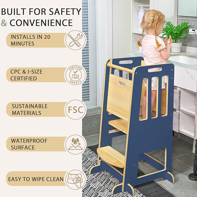WINGYZ Toddler Kitchen Stool – Adjustable Helper Tower for Kids with Safety Rail, Wooden Standing Step-Up Stool, Sliding Door & Stable Base, Dark Blue