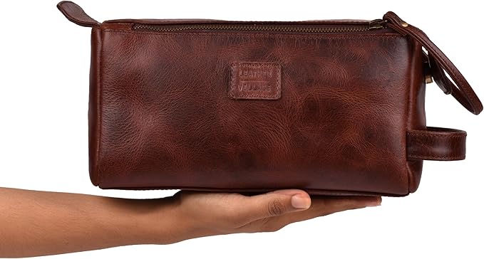LEATHER VILLAGE Premium Leather Travel Toiletry Bag - Unisex Water-Resistant Travel Bag for Toiletries, Shaving & Cosmetic Organizer for Men & Women - Compact Bathroom Essentials - Cherry Brown