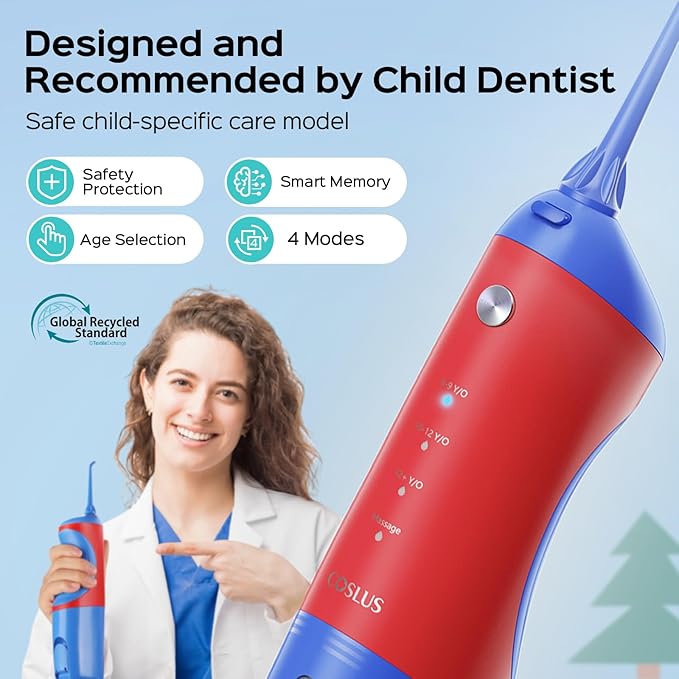 COSLUS Kids Water Dental Flosser Deep Cleaning Picks Portable 4 Modes for Ages 6+ Safe Waterproof Rechargeable with 2 Jet Tips for Gums Care Red Blue